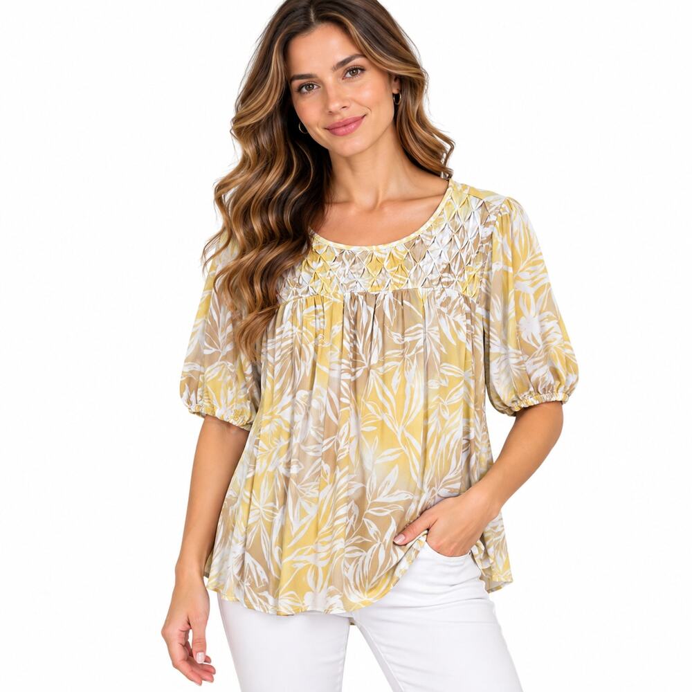Susan Graver Liquid Knit Blouse Women's Size M Yellow Floral Tropical Office